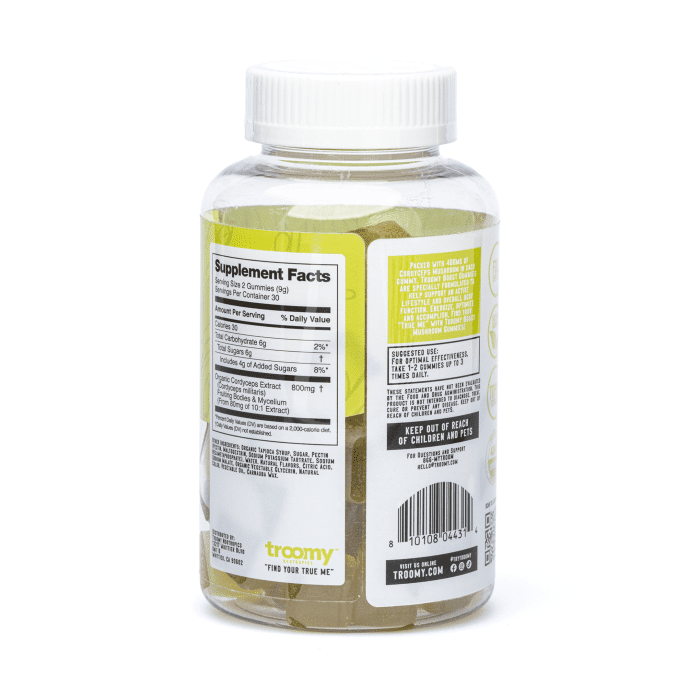 Troomy Nootropics Boost Cordyceps Mushroom - 60 count - Lemon Lime - Bottle Back