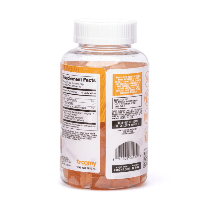 Troomy Nootropics Focus Lion’s Mane Mushroom - 60 count - Passionfruit Tangerine - Bottle Back