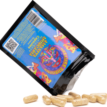 Dreamer Shrooms capsules being poured out of bag