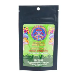 Dreamer Shrooms Amanita Muscaria Extract and Lion’s Mane Capsules (15 Count) - Bag Front